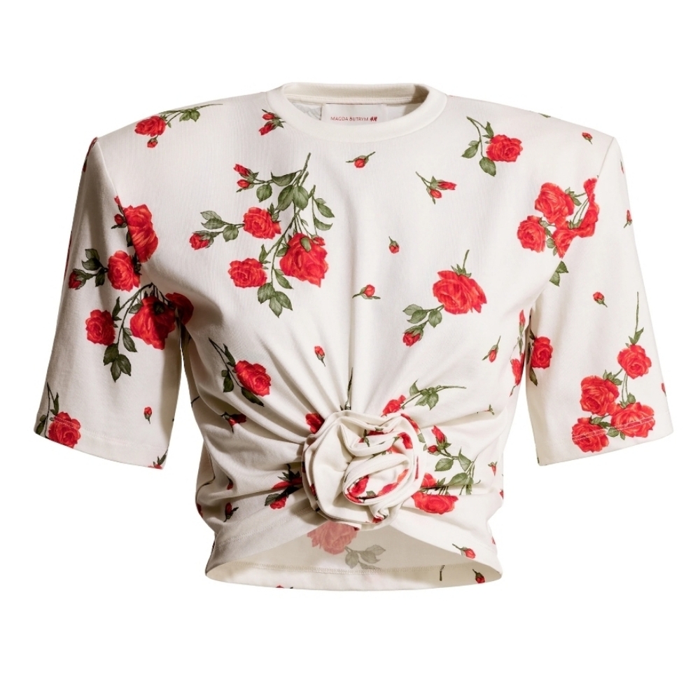 Magda Butrym X H&M Floral Knot-Front Padded Shoulder Statement Top